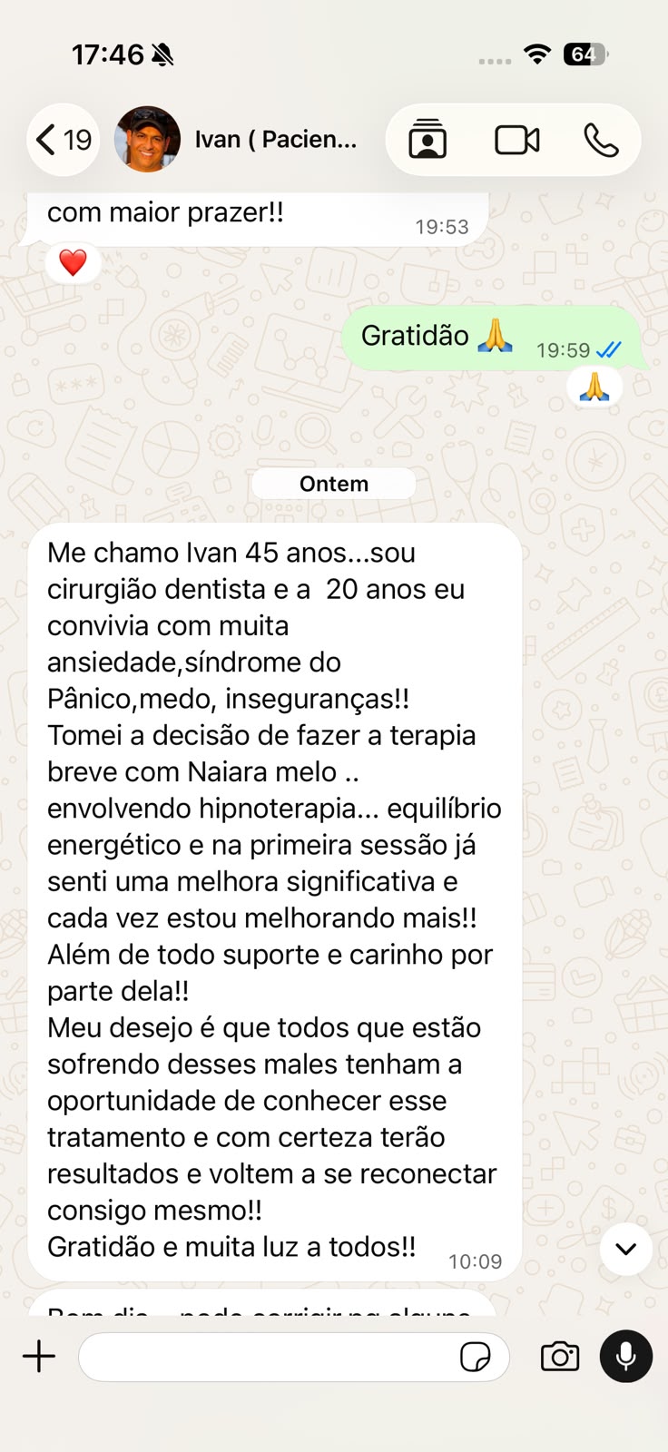 Relato de paciente sobre ansiedade e síndrome do pânico